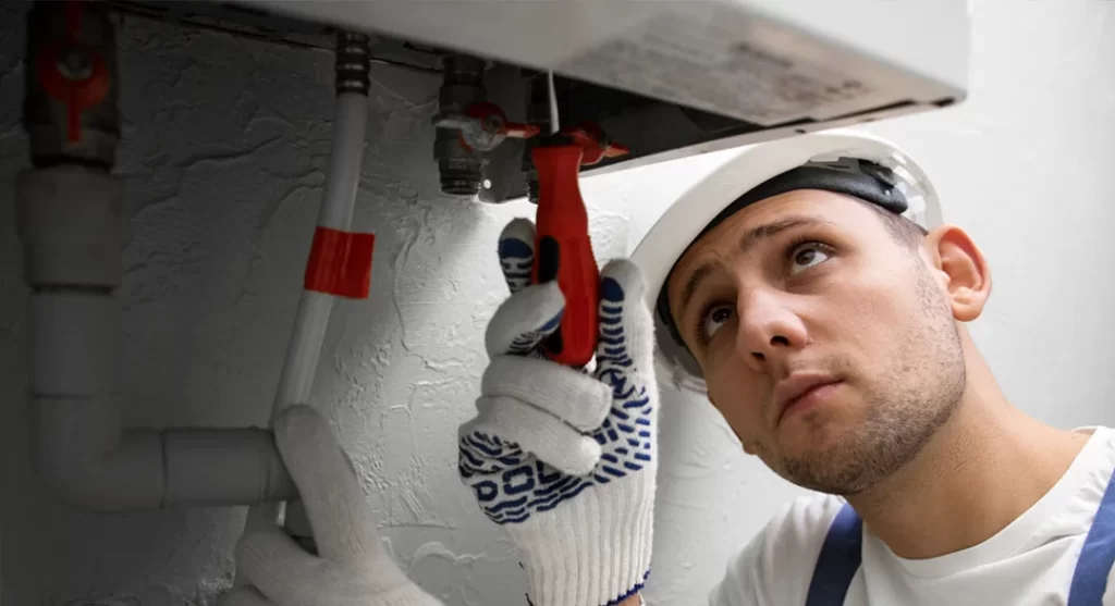 HVAC technician fixing a split air conditioner wall unit