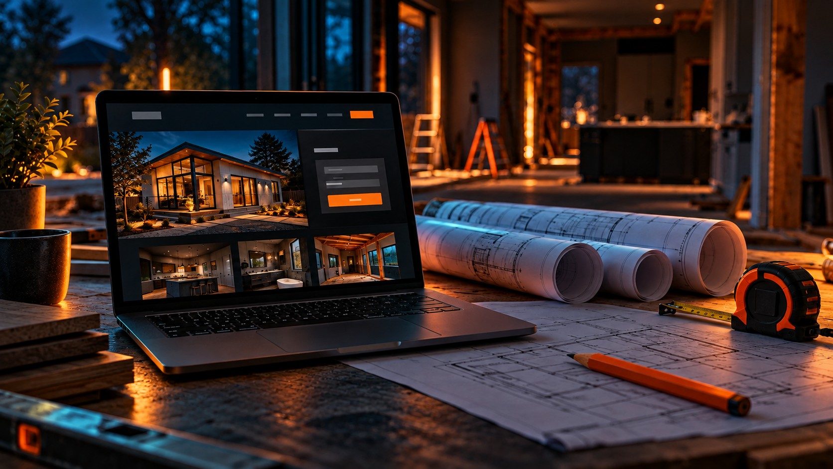 Laptop displaying an illustrative contractor website beside architectural plans and a measuring tape in dark orange lighting.