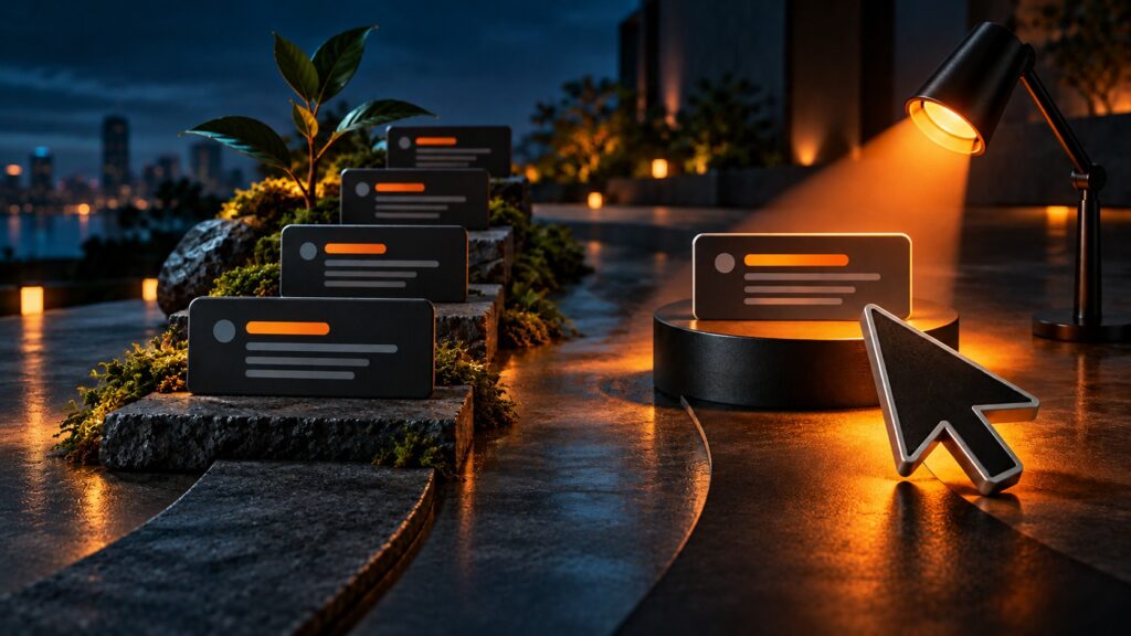 Dark search-result cards on steps beside a spotlight and cursor arrow, illustrating SEO and paid search.