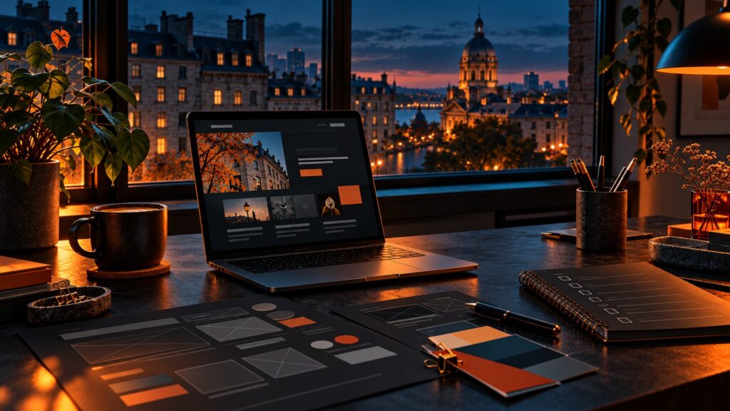 Laptop and website wireframes on a dark desk overlooking Montreal-inspired architecture at dusk.